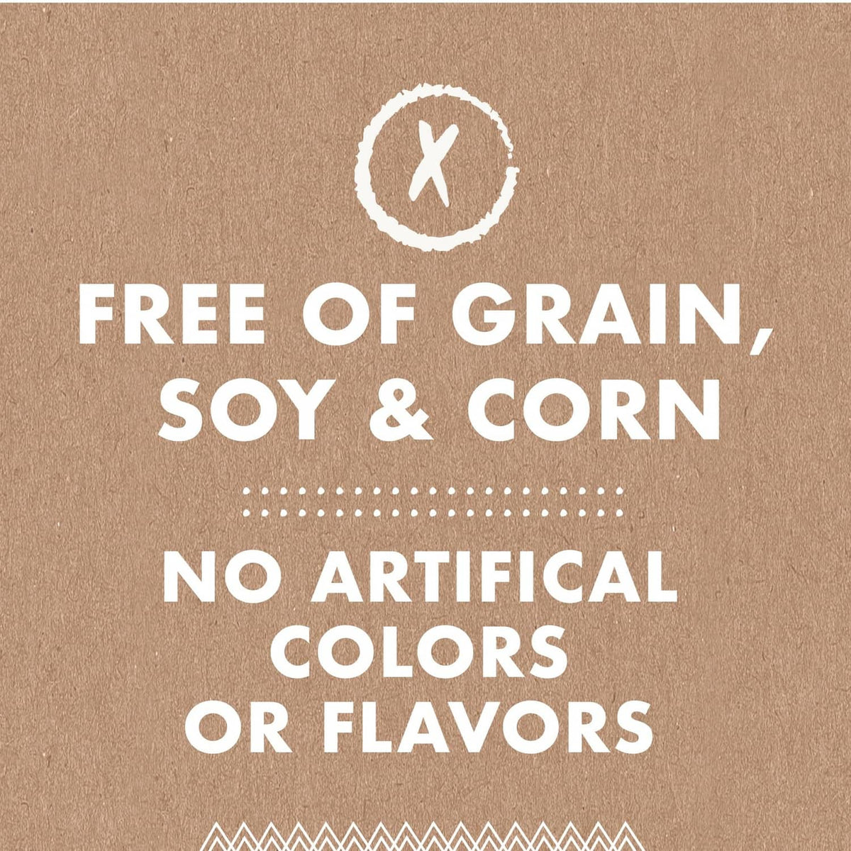 Dog treat pouch panel stating free of grain, soy, and corn, no artificial flavors