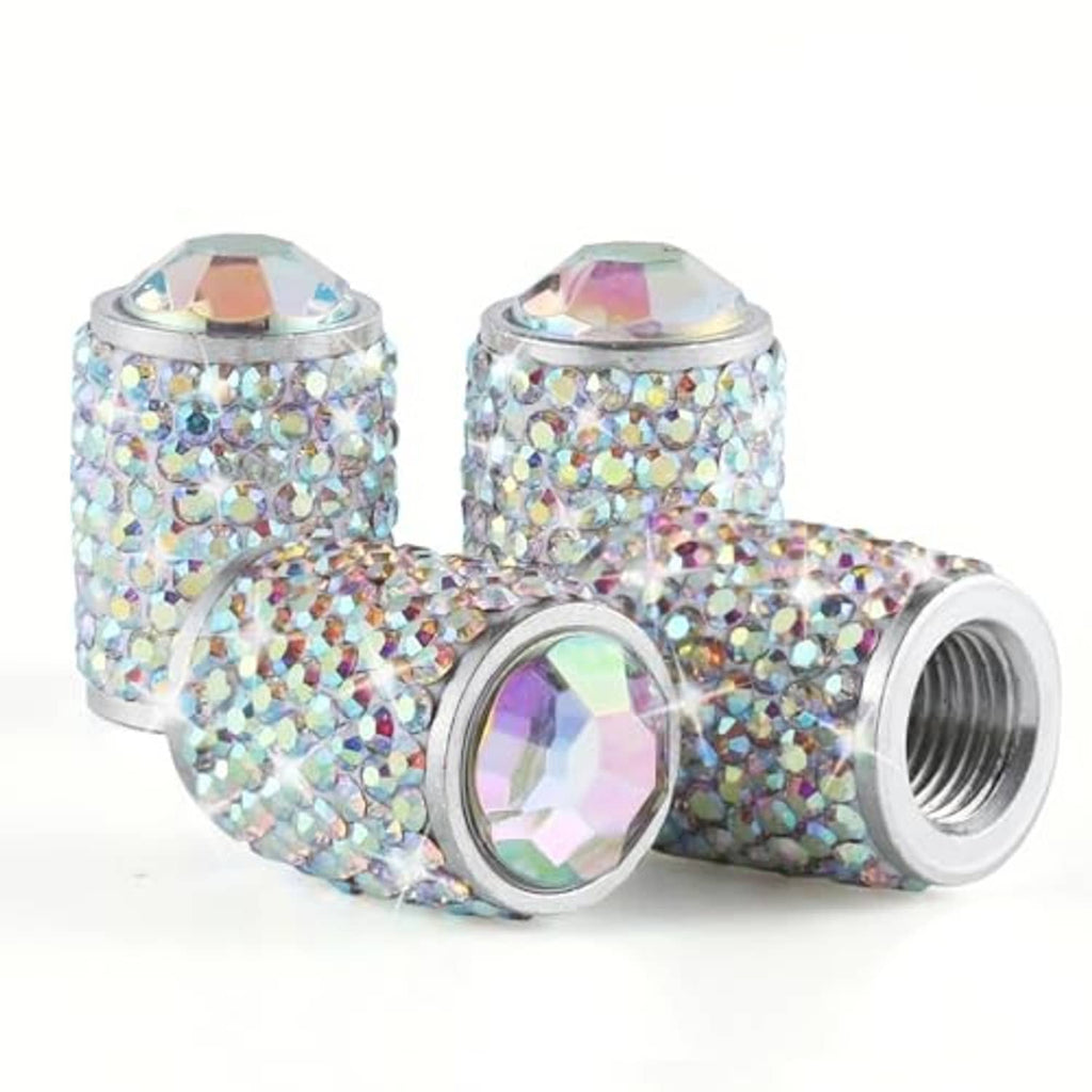 Three crystal rhinestone tire valve caps with iridescent AB sparkle and chrome bases