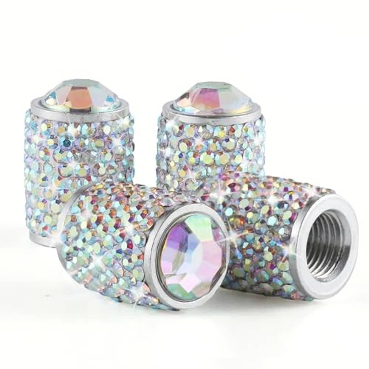 Three crystal rhinestone tire valve caps with iridescent AB sparkle and chrome bases