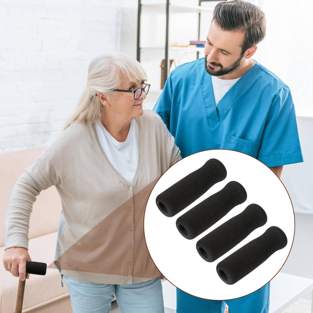 Four black foam cane handle replacement grips, textured non-slip surface