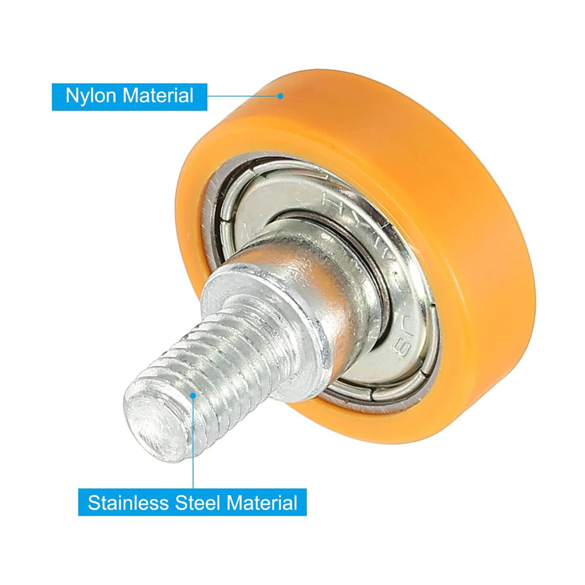 Orange drawer roller with nylon housing and stainless steel stem and pulley wheel