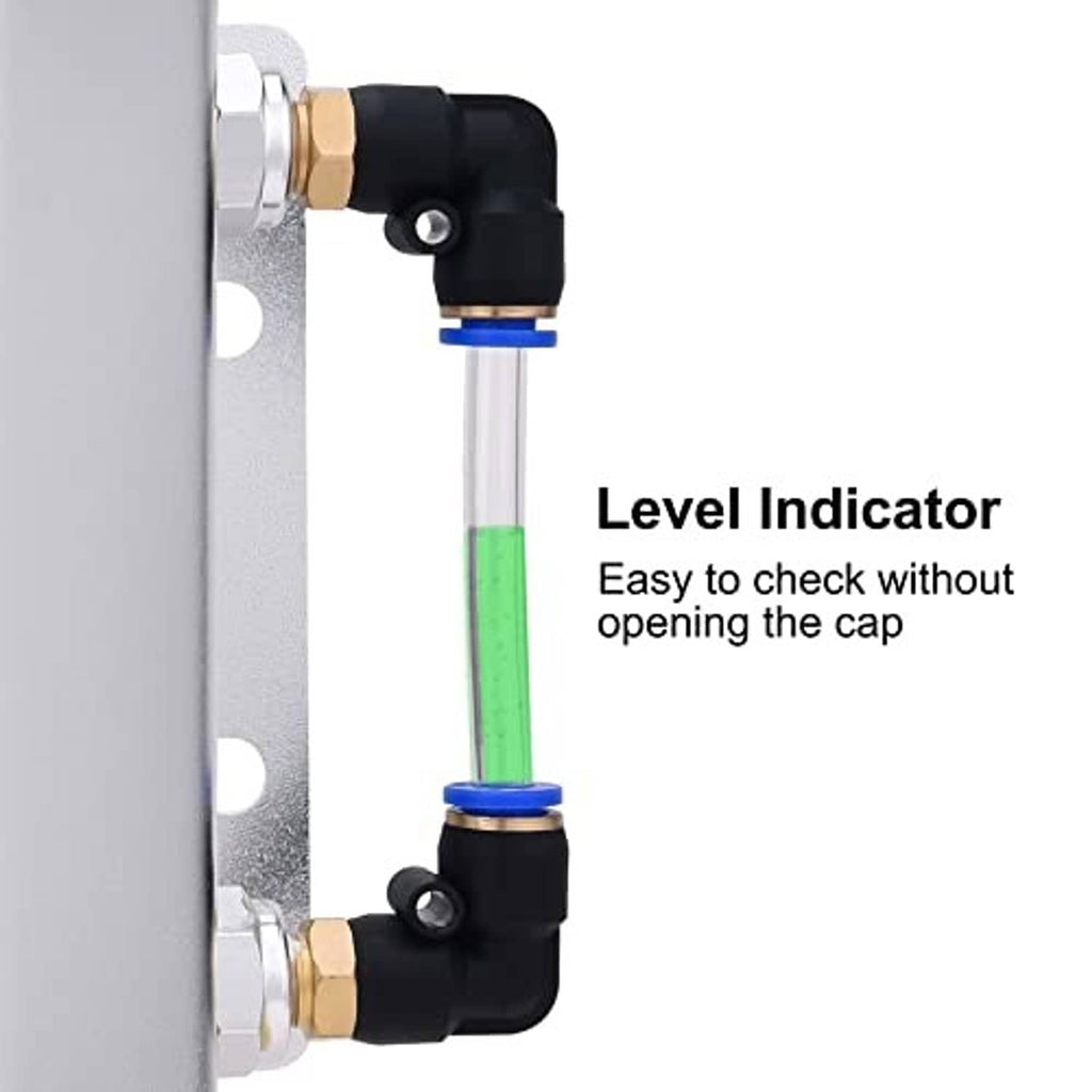 Aluminum coolant recovery tank with level indicator tube and black valve fittings