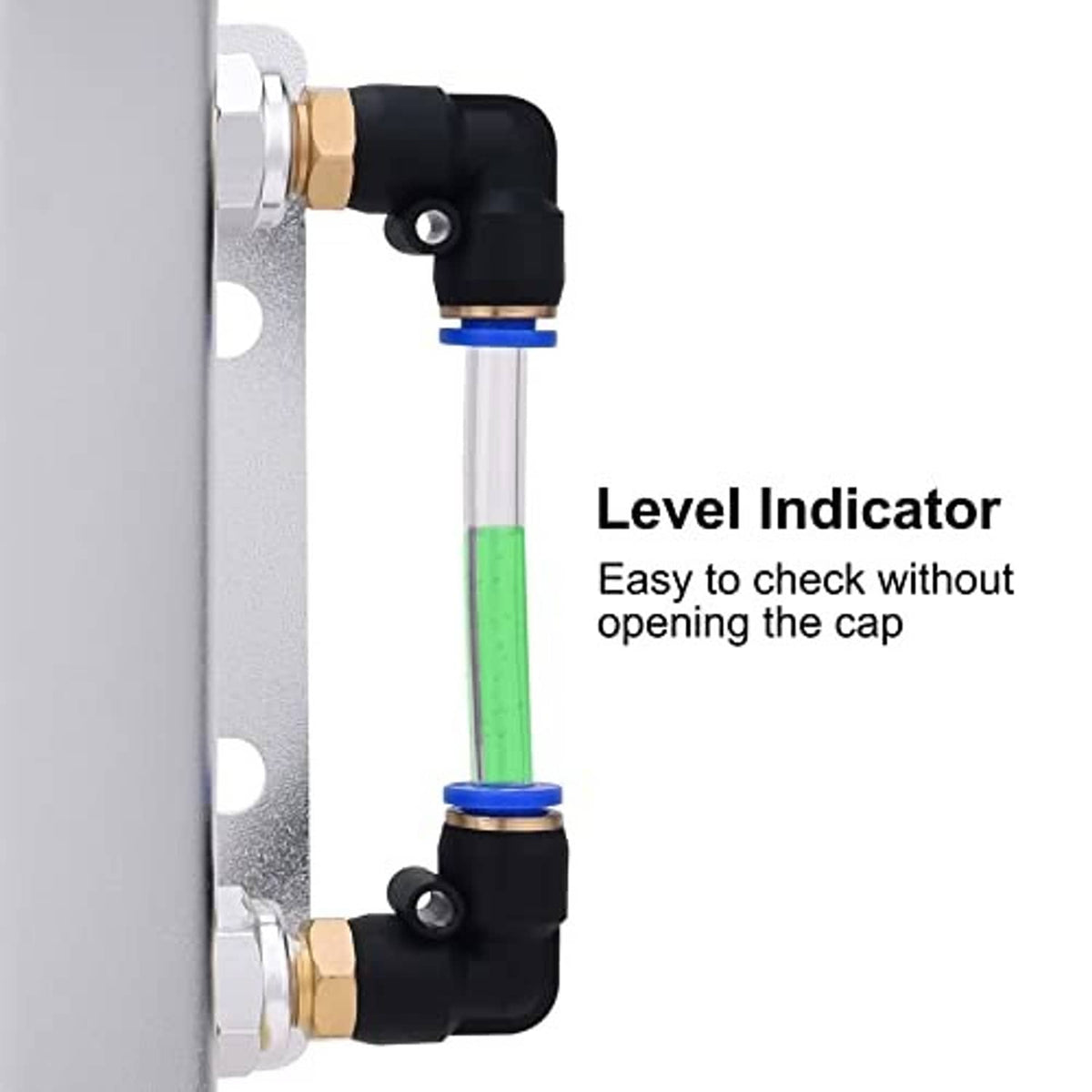 Aluminum coolant recovery tank with level indicator tube and black valve fittings