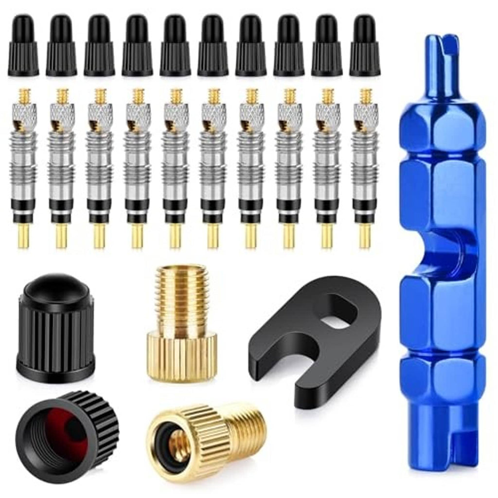 Presta valve core repair kit with blue remover tool, black caps, brass adapters, and wrench