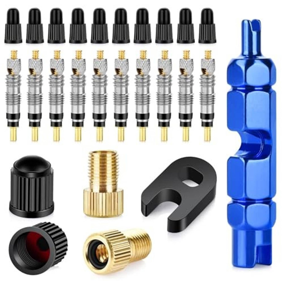 Presta valve core repair kit with blue remover tool, black caps, brass adapters, and wrench