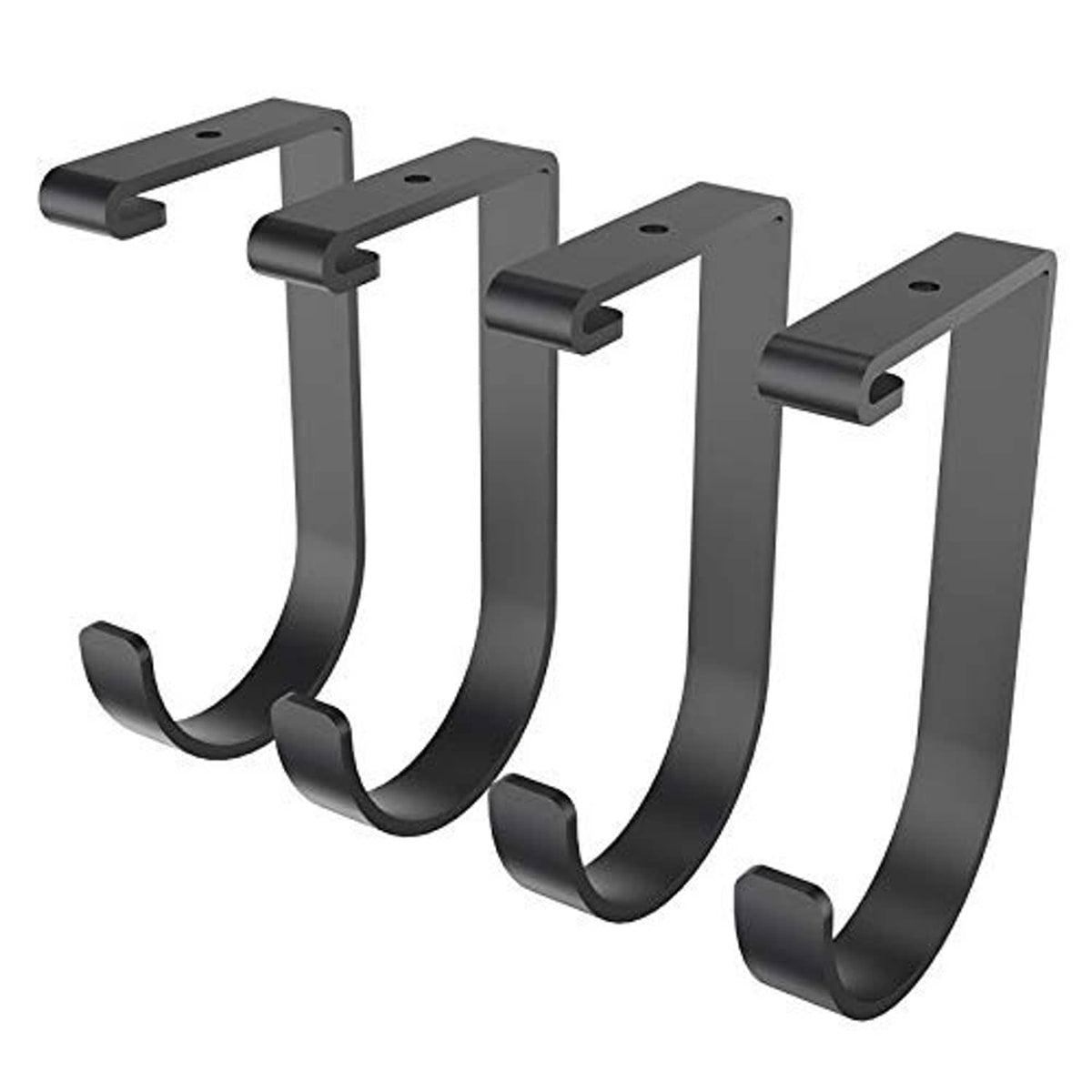 Four-pack black curved storage hooks with flat top mounting tabs and U-shaped arms