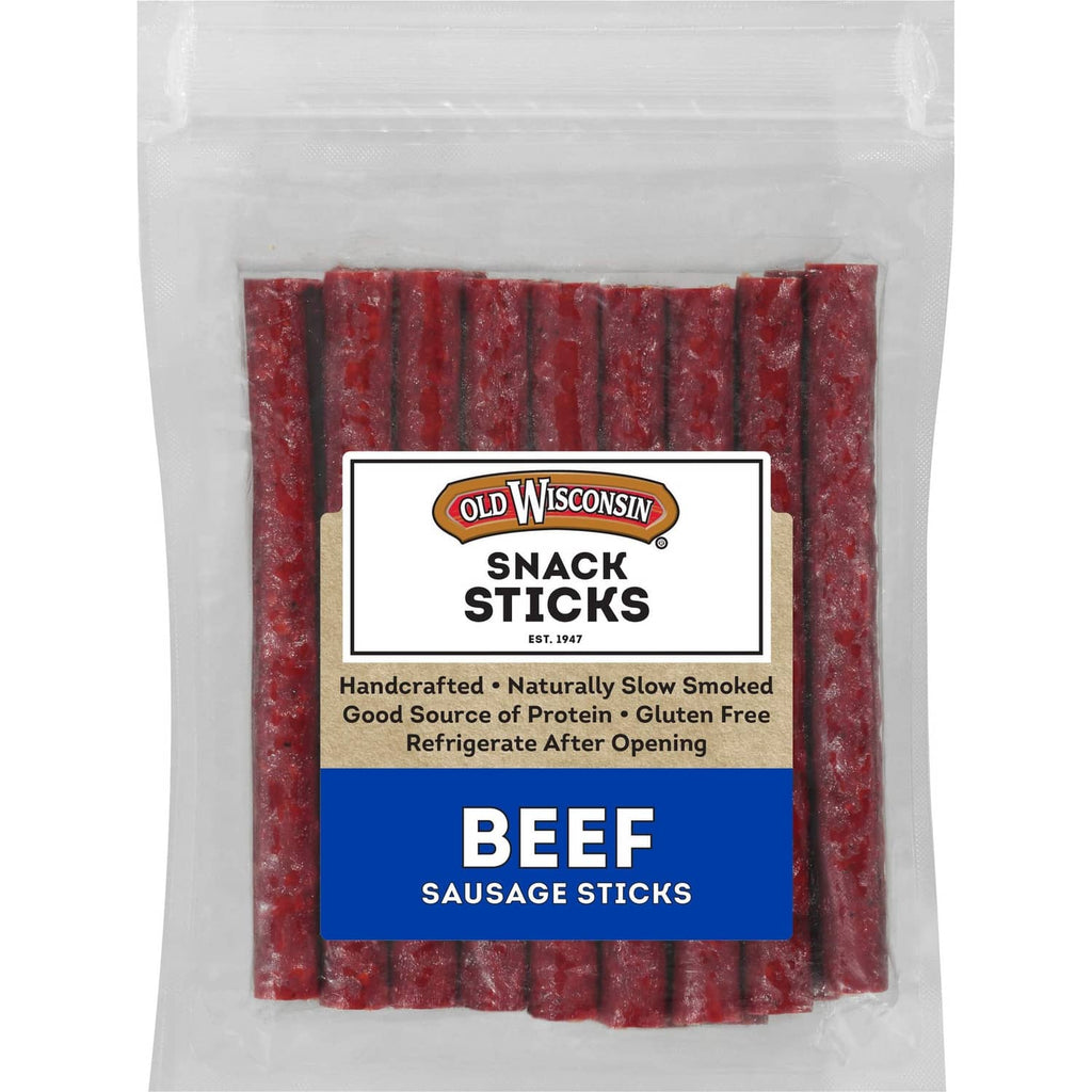 Beef sausage snack sticks in resealable bag, naturally smoked