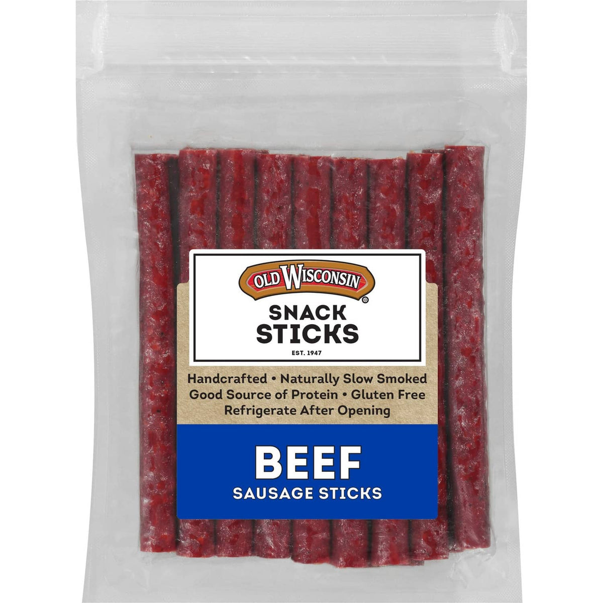 Beef sausage snack sticks in resealable bag, naturally smoked
