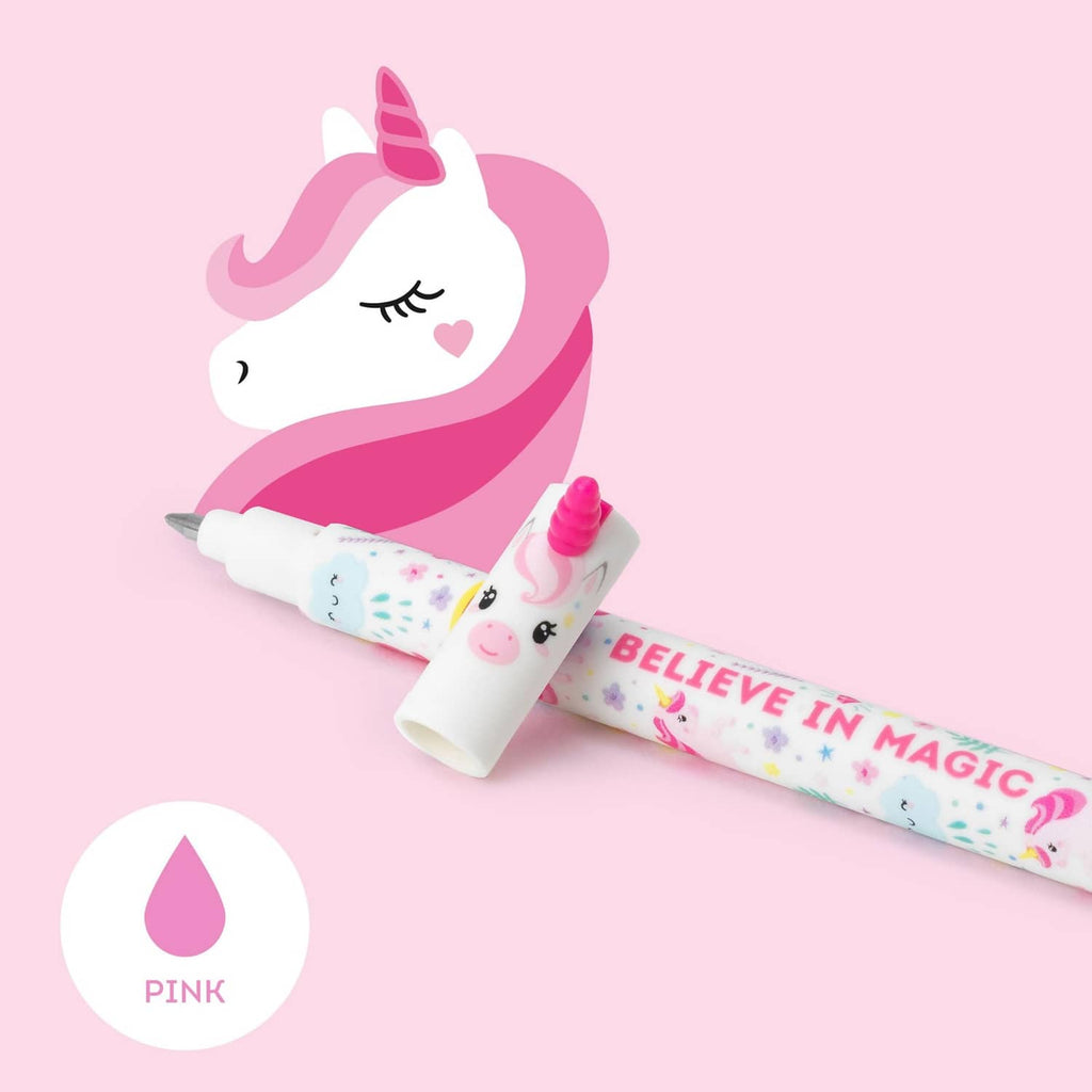 Unicorn erasable gel pen with colorful barrel print and pink cap