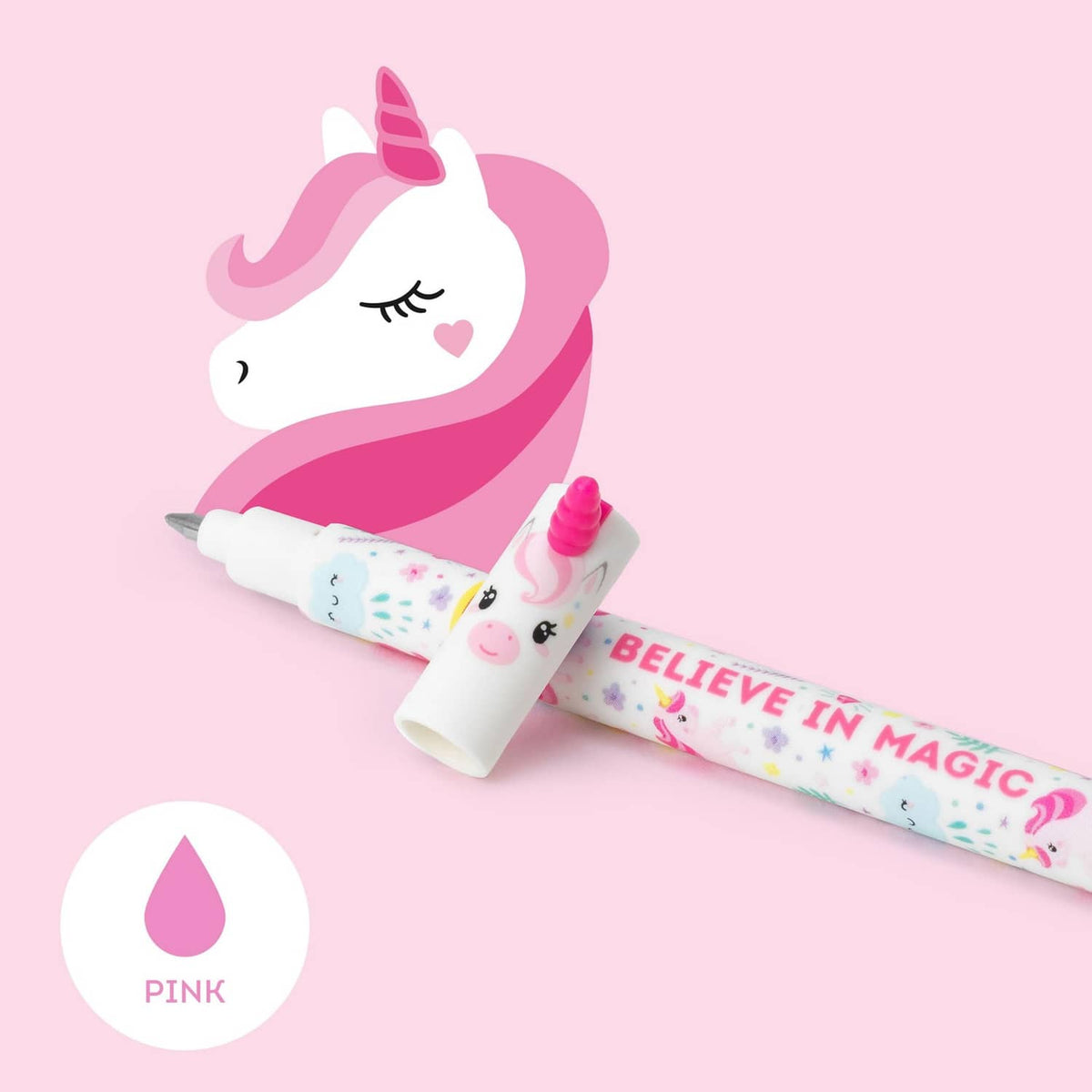 Unicorn erasable gel pen with colorful barrel print and pink cap