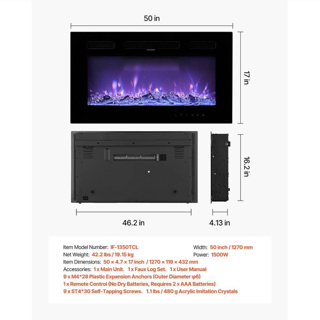 Electric fireplace size and parts diagram with dimensions and mounting overview