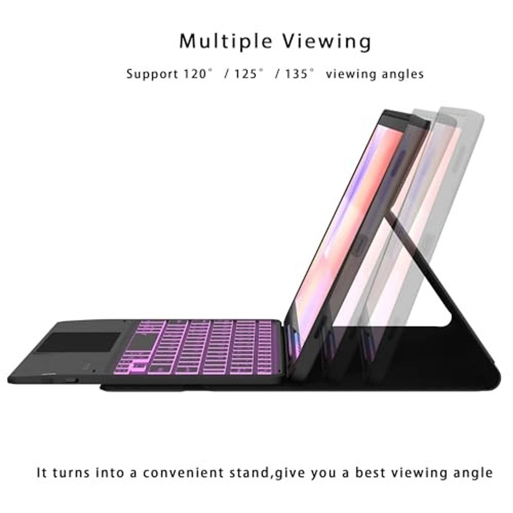 Keyboard case stand with multiple viewing angles, tablet propped, purple 7-color backlit keys.