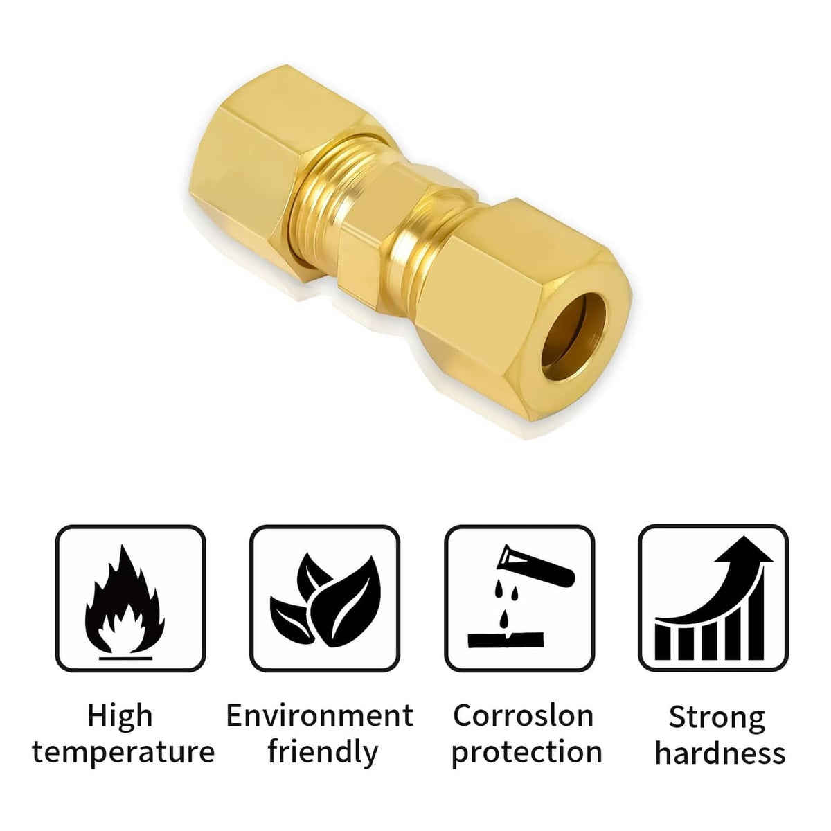 Gold brass straight compression fitting with hex ends and threaded connection port