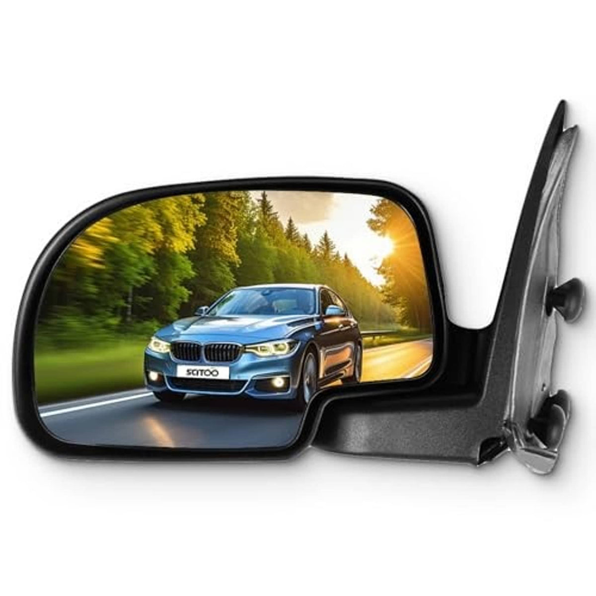 Black driver-side exterior mirror with clear glass, curved housing edge.