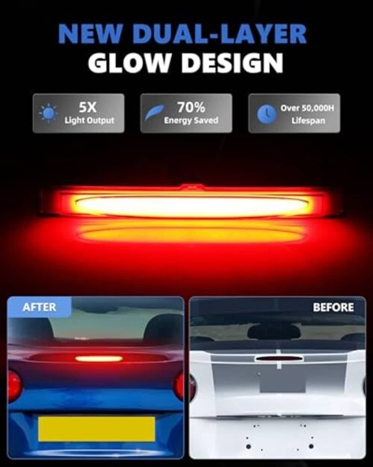 Red LED third brake light with dual-layer glow, bright illuminated strip