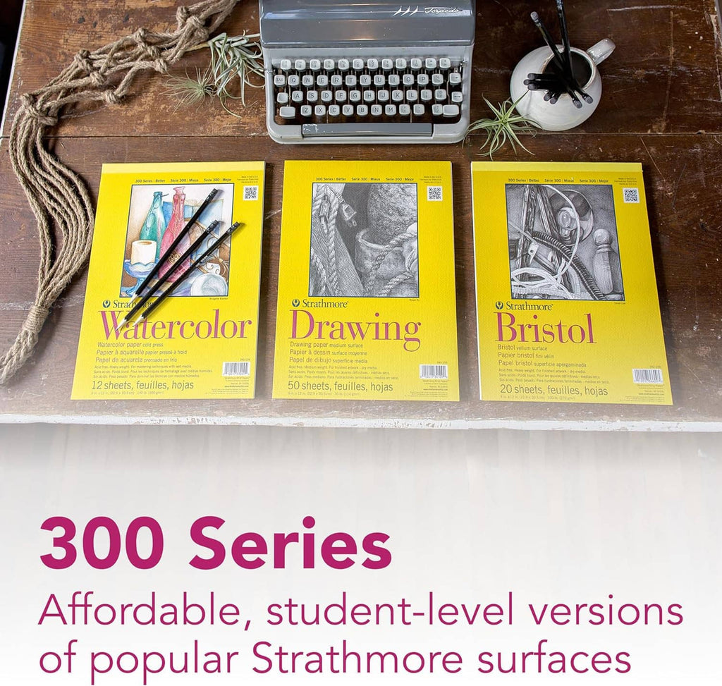 Three yellow sketch pad packages arranged on a desk for student drawing