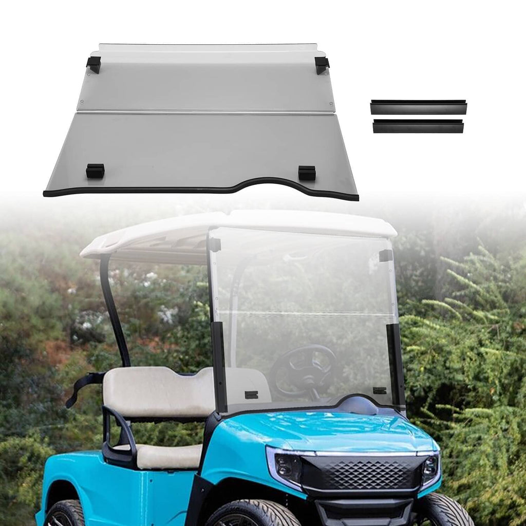 Tinted full front windshield screen mounted on a white golf cart