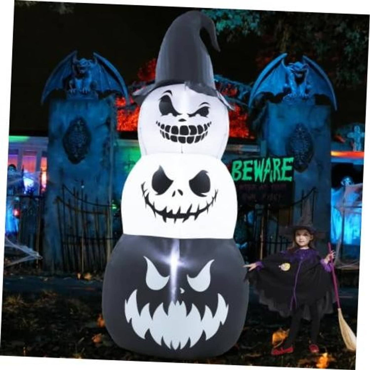 Inflatable Halloween pumpkin stack with witch hat and spooky face