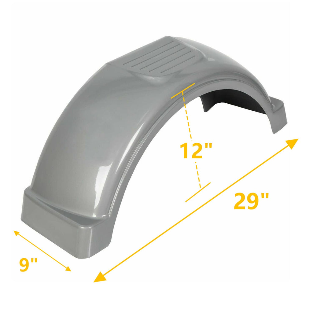 Gray plastic wheel fender with size markings, curved single-axle trailer coverage