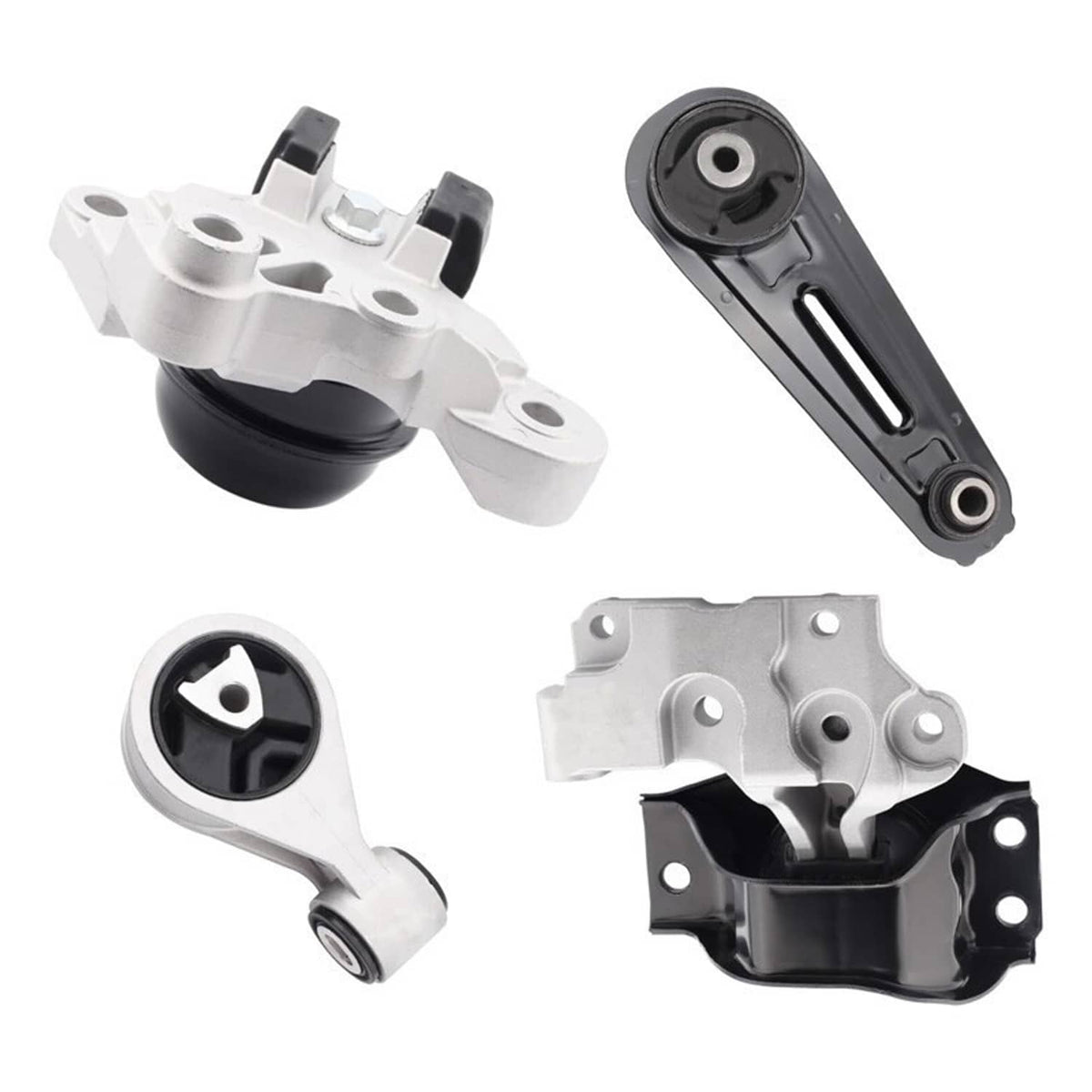 Engine and transmission mounts set with silver arms and black rubber isolators, angled