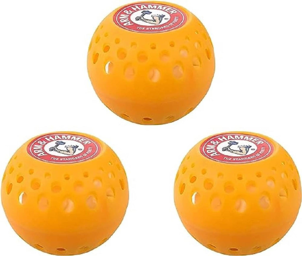 Three orange perforated odor eliminator balls, red logo badges on top