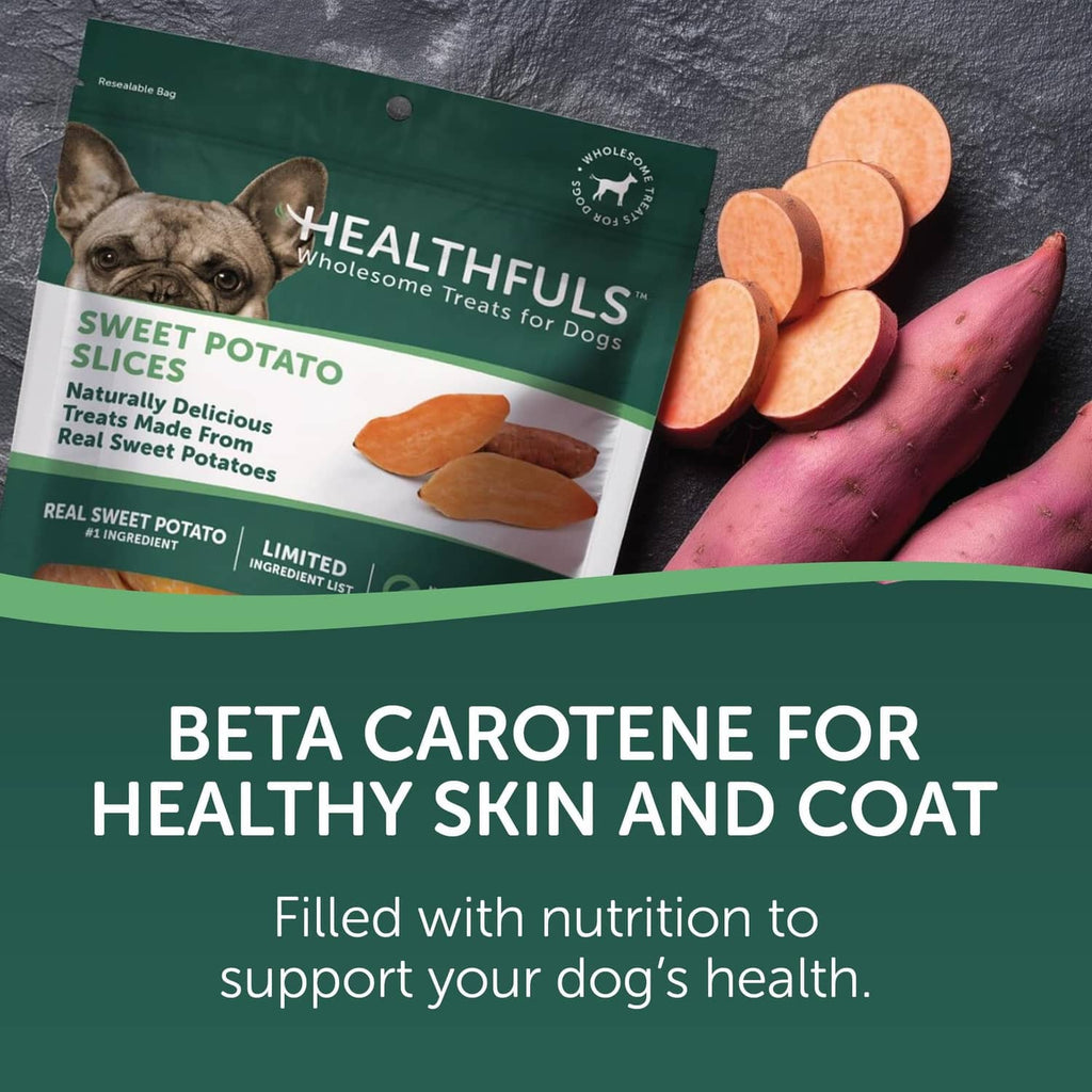 Healthfuls sweet potato slices dog treat bag with orange treat slices and purple sweet potatoes