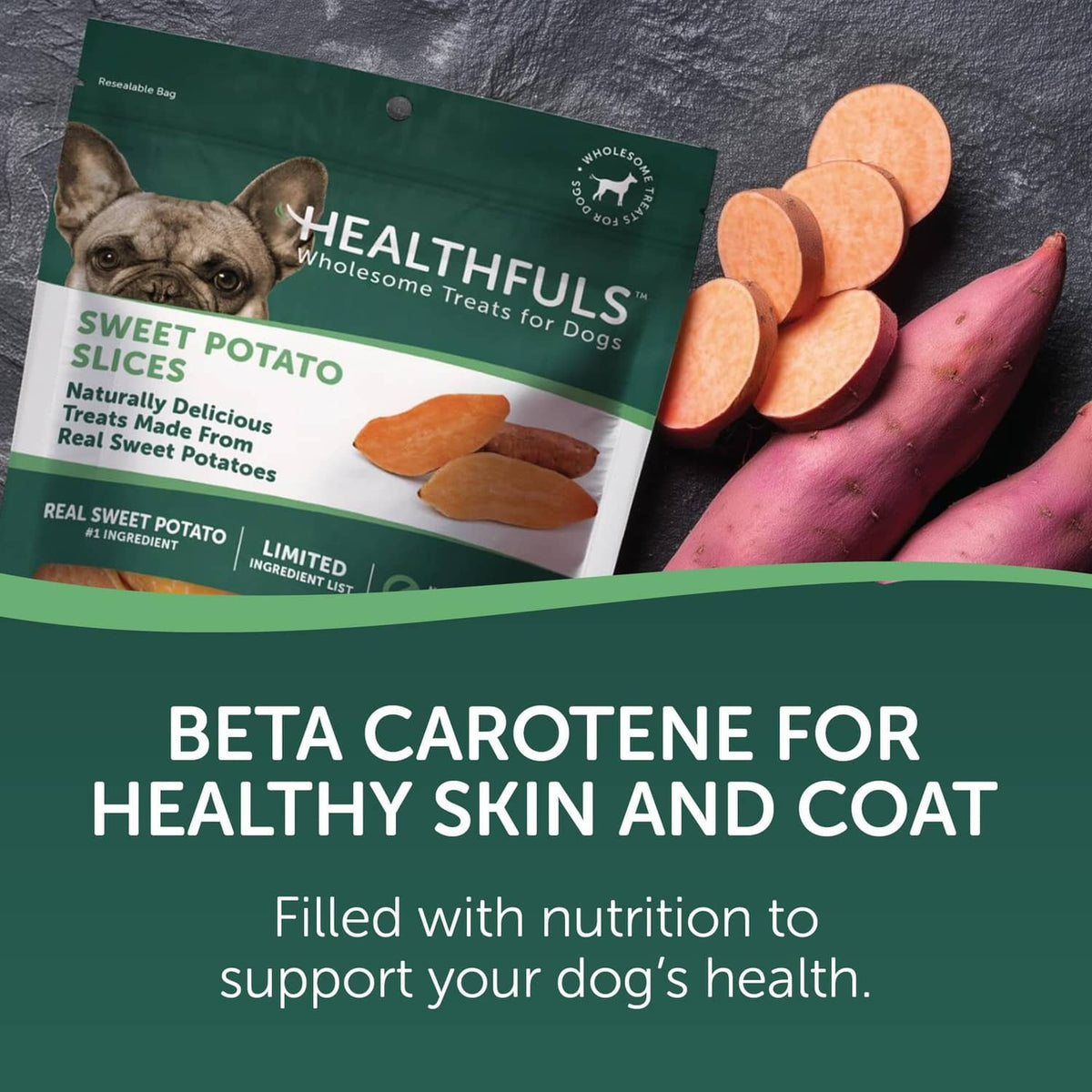 Healthfuls sweet potato slices dog treat bag with orange treat slices and purple sweet potatoes