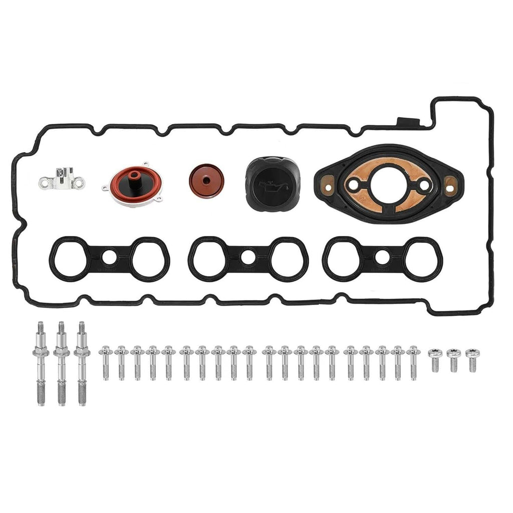 Valve cover gasket set with seals, gaskets, and bolts on white background