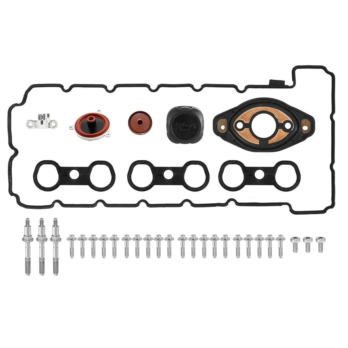 Valve cover gasket set with seals, gaskets, and bolts on white background