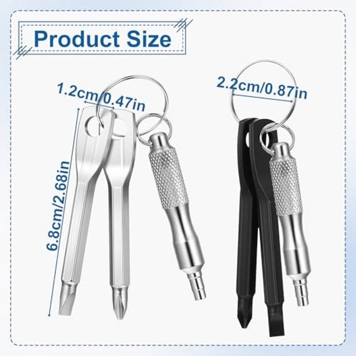Valve stem remover screwdriver set with keychain rings, silver and black handles
