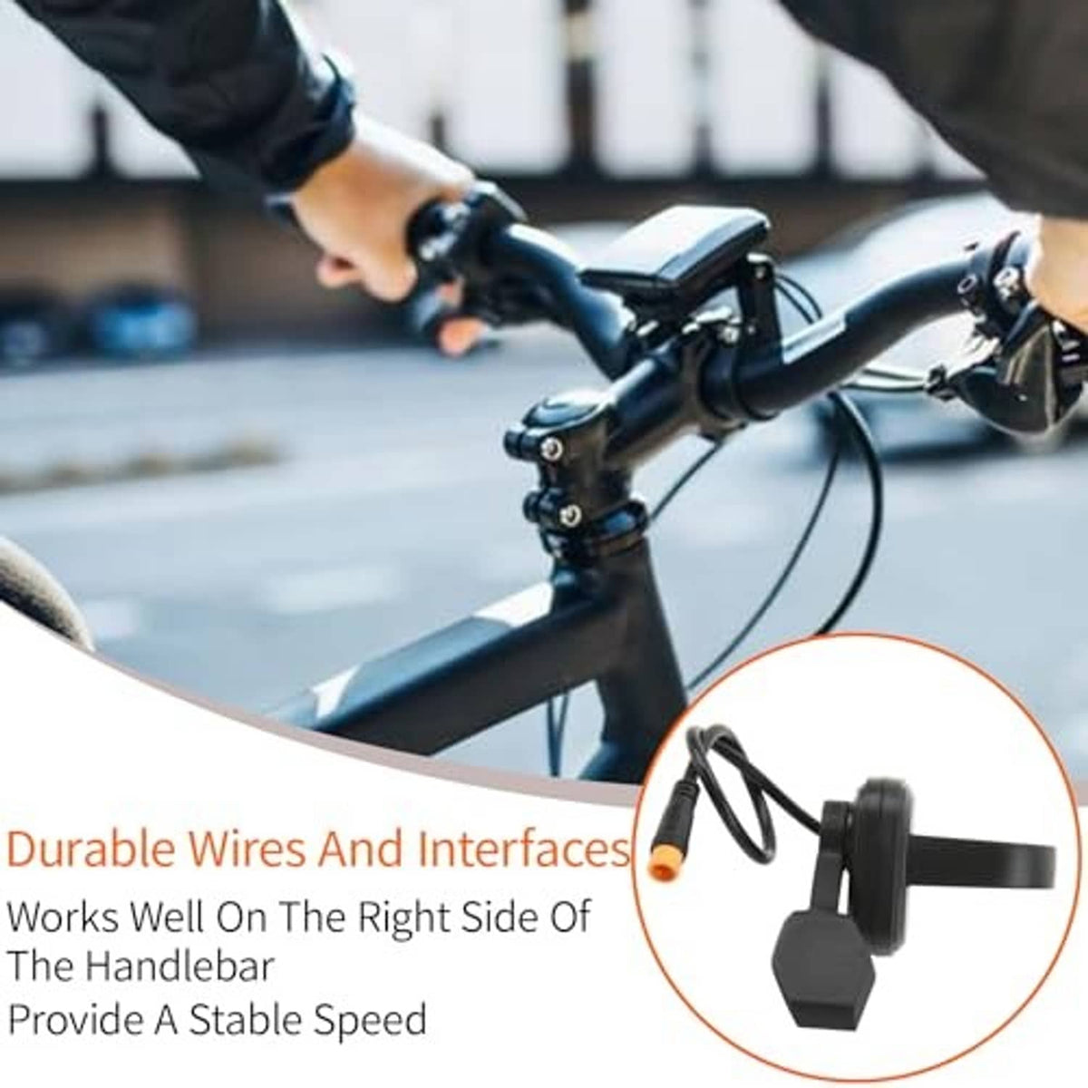 Black thumb throttle controller with wired connector for bicycle handlebar