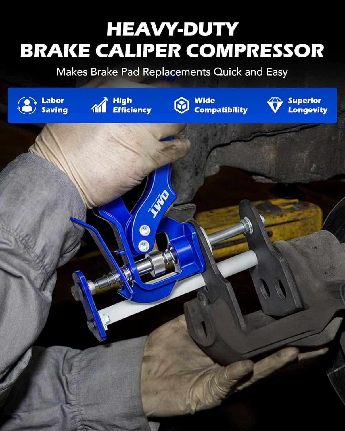 Blue heavy-duty brake caliper piston compressor tool clamped at a brake caliper