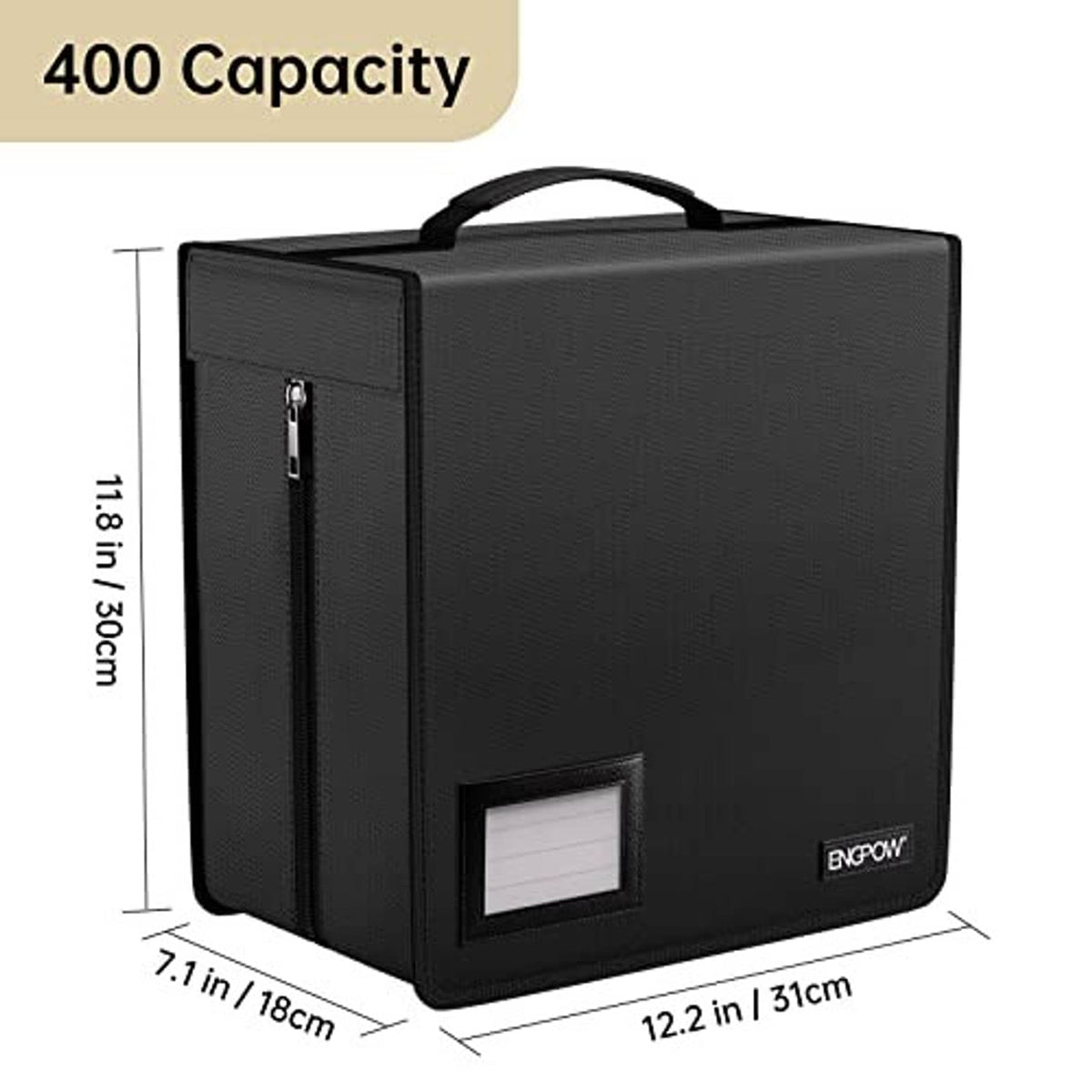 Black CD/DVD storage case with carry handle and rectangular label window, no lock