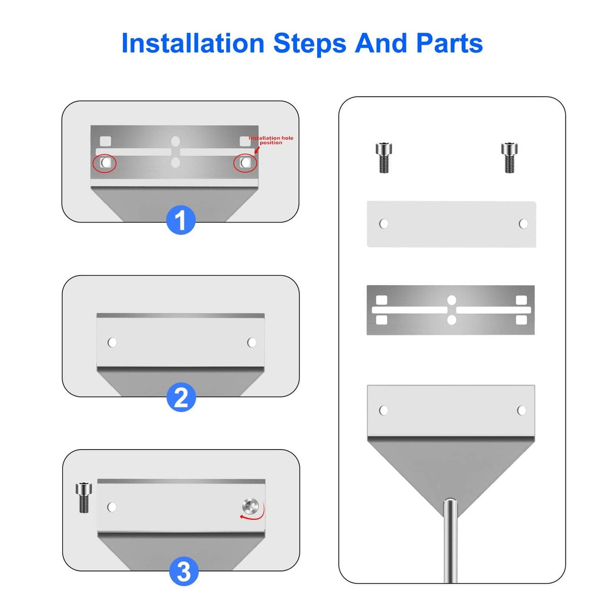 Aquarium algae scraper installation parts diagram with screws, plates, and rod pieces