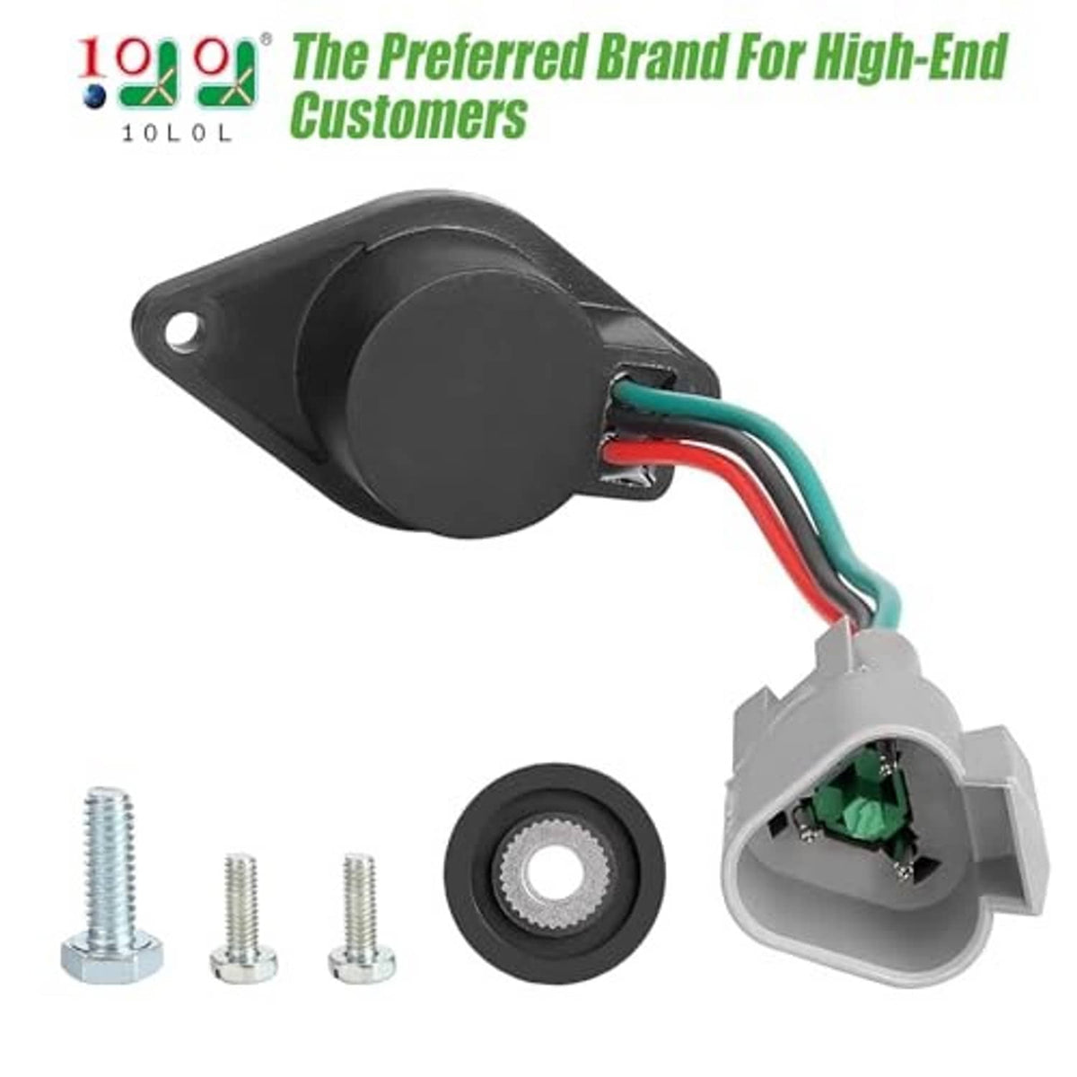 Speed sensor with black round body, multicolor wires, gray plug connector, screws