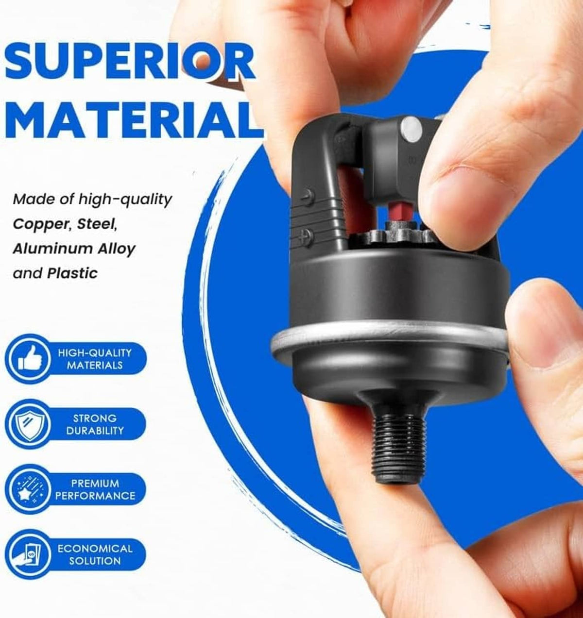 Hayward water pressure switch replacement in hand, black body with metal base and thread
