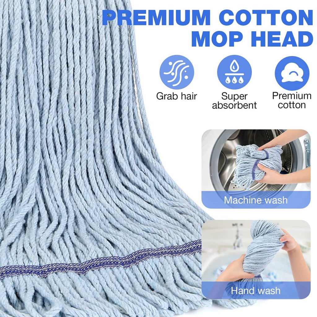Premium cotton string mop head with dense light blue yarn and blue binding