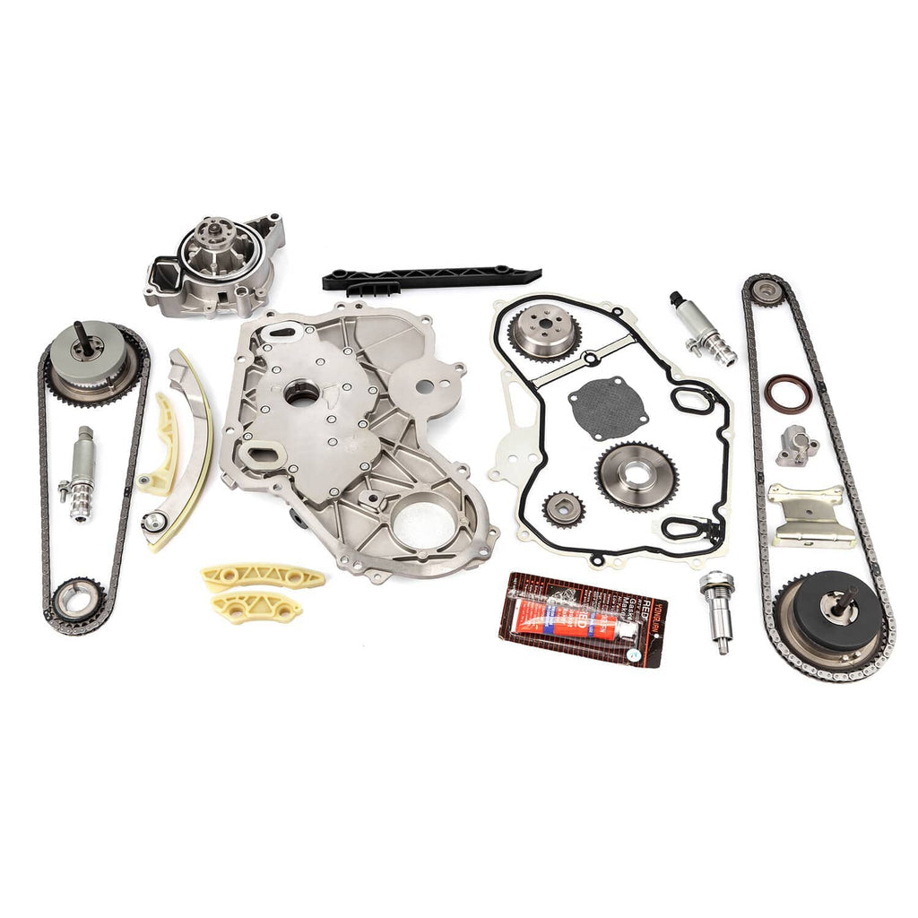 Engine timing chain and water pump kit components, sprockets, guides, seals, and hardware