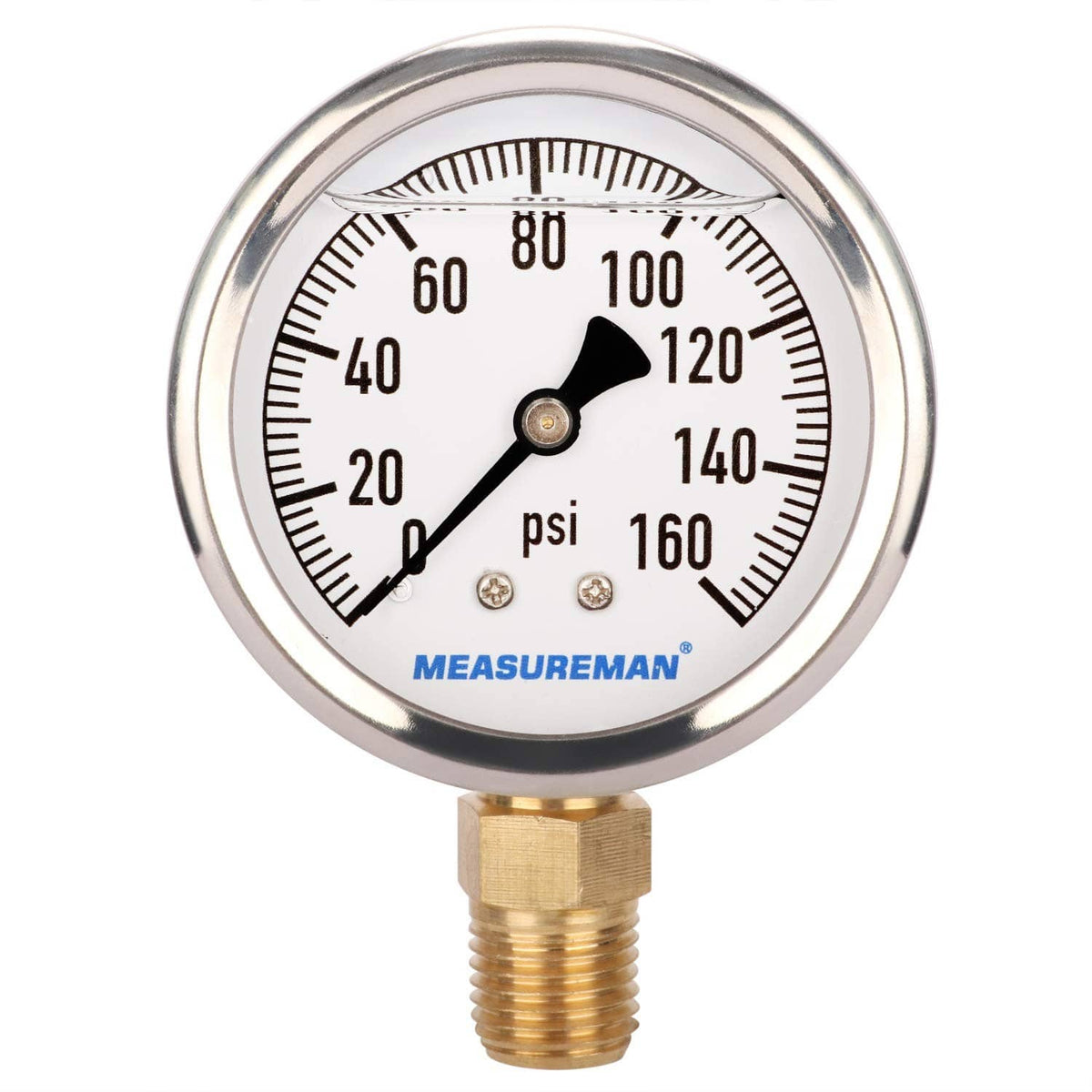 0–160 psi RV pressure gauge, stainless bezel, black pointer, brass threaded connection