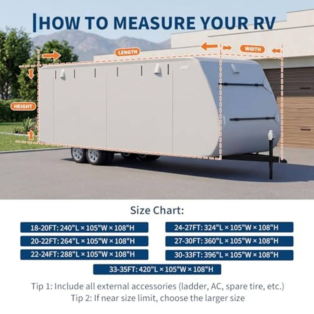 Grey RV cover size chart diagram showing length, width, and height measurements