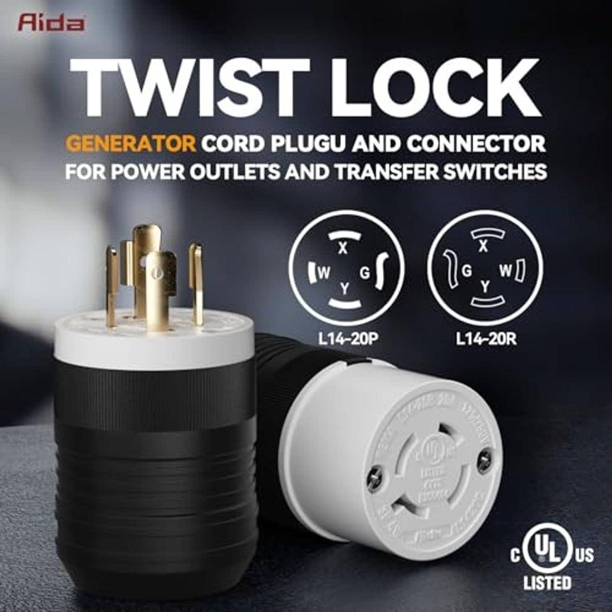 NEMA twist-lock generator cord plug and connector with black ribbed housing and gold prongs