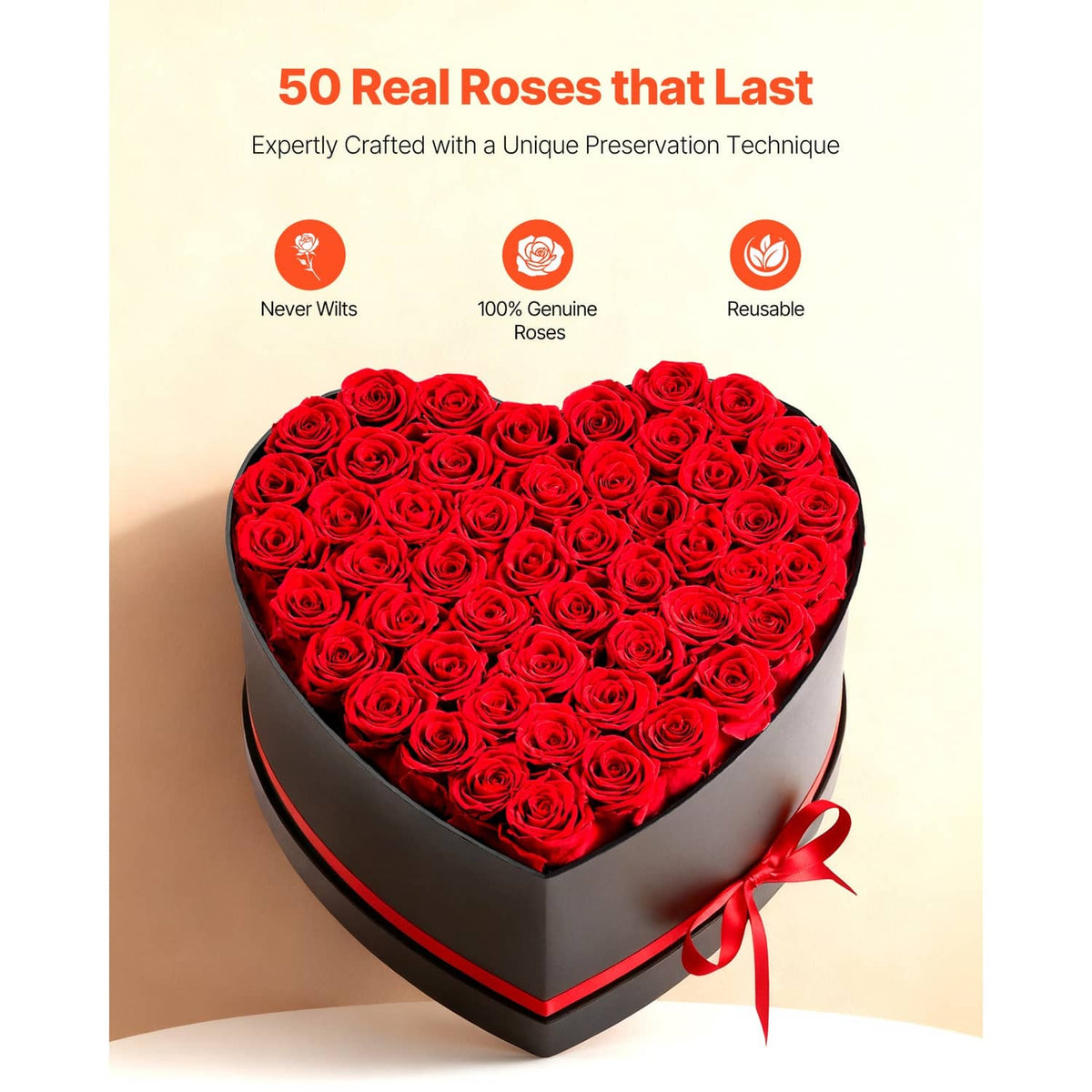 Heart-shaped rose gift box with red roses filling the heart and tied red ribbon