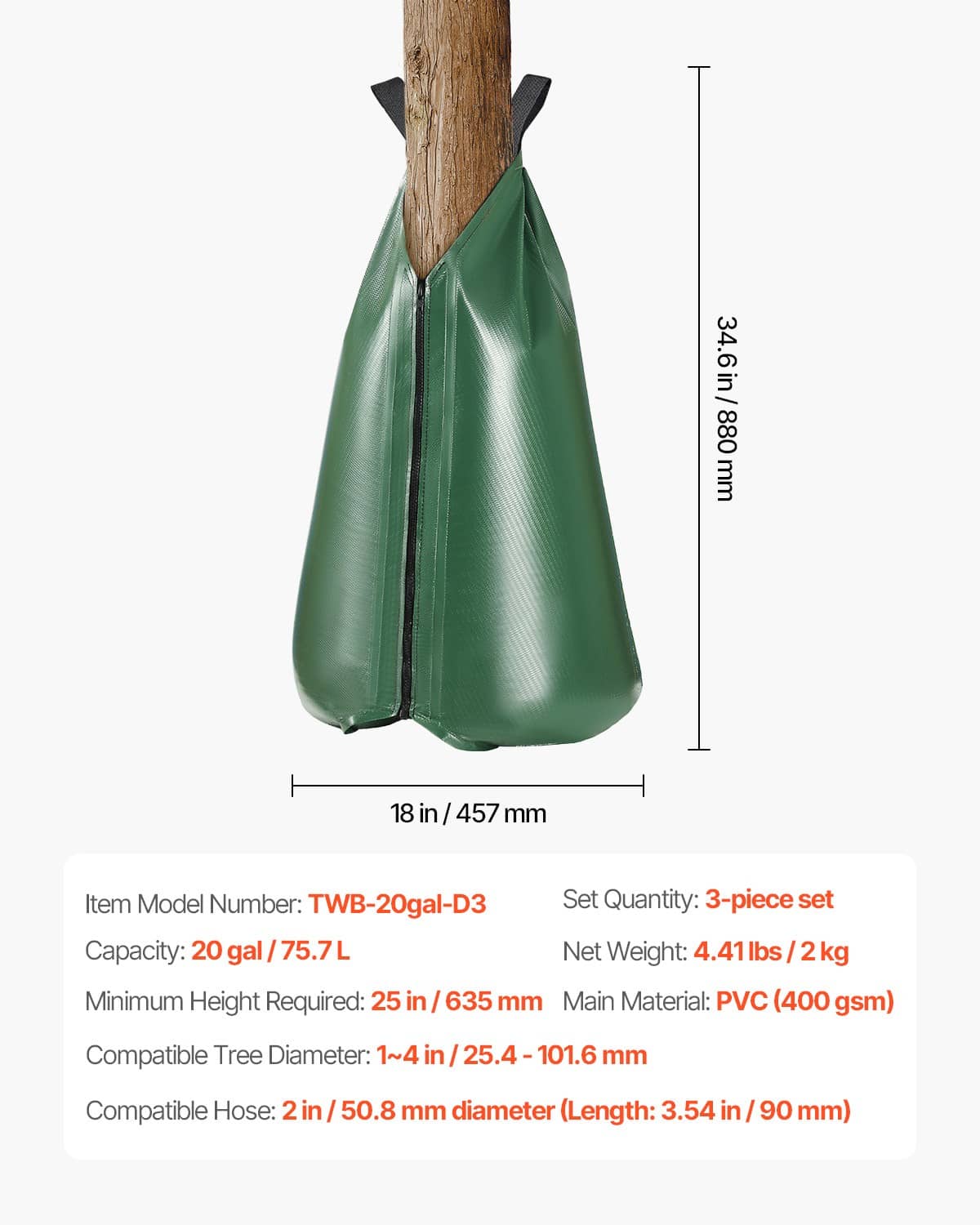 Green PVC tree watering bag with zipper seam and two side handles, tapered bottom