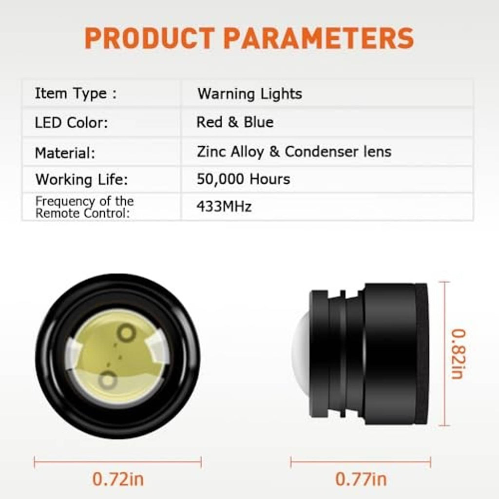 Four black LED strobe lamp heads with round lens and metal rim dimensions