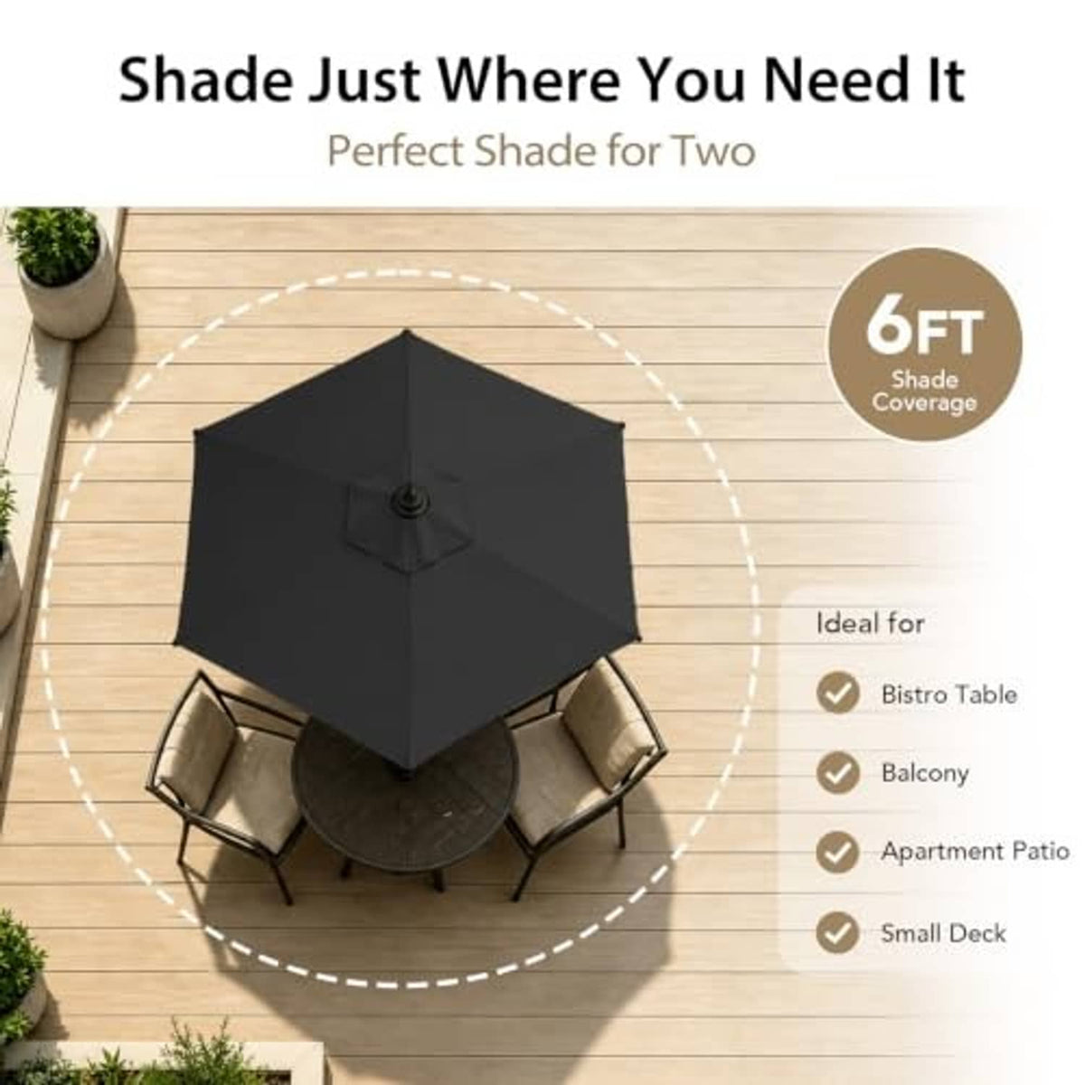 Black 6-ft patio umbrella canopy viewed from above over small table
