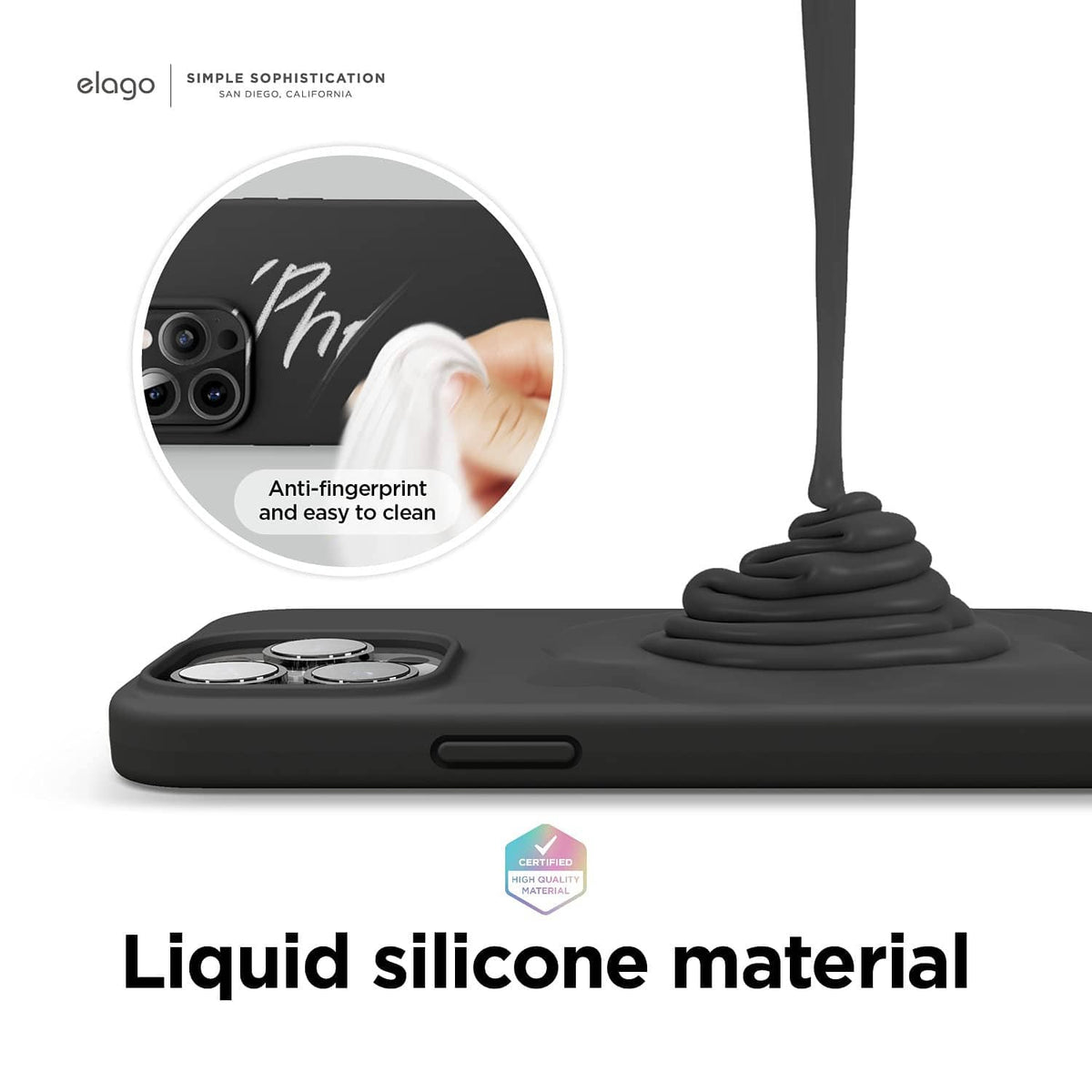 Black liquid silicone phone case with anti-fingerprint finish and camera openings