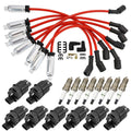 Ignition coil and spark plug wire set with red wires and black electrical connectors