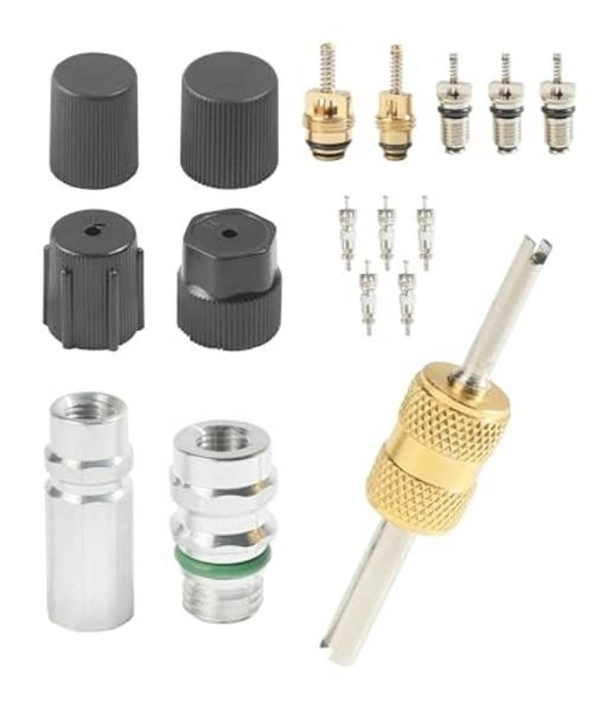 AC Schrader valve kit with black valve caps, brass cores, and puller tool