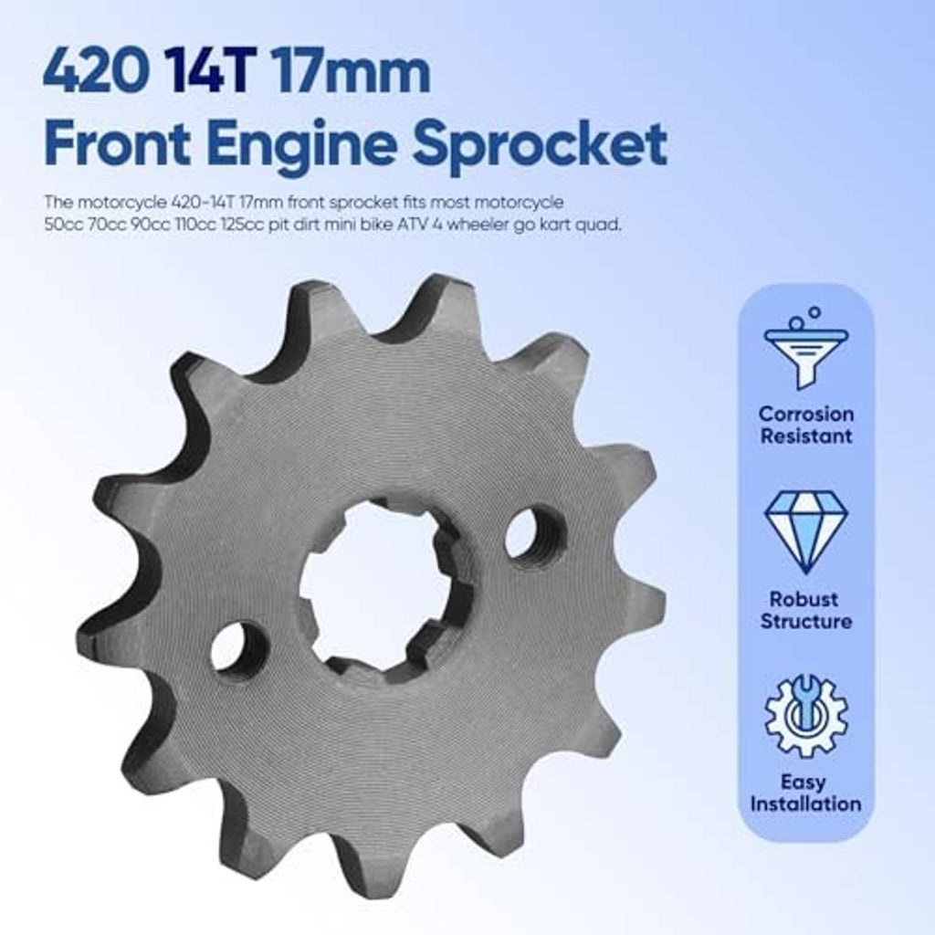 420 14T 17mm front engine sprocket, gray steel with gear teeth and center bore