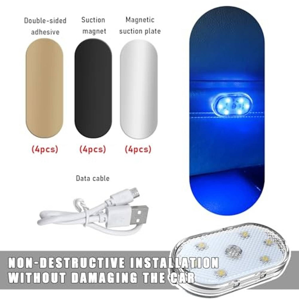 Magnetic car interior LED lights with double-sided adhesive, suction, and USB power cable
